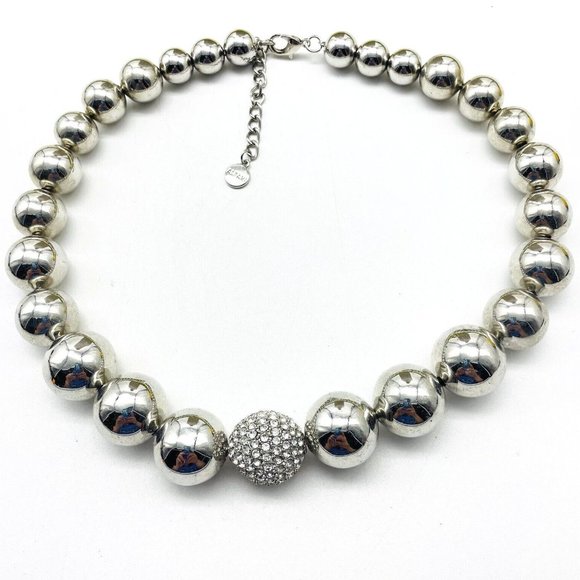 Alfani Jewelry - Alfani Signed Metallic Bead Necklace Silver Tone Disco Ball Center Glam Bling